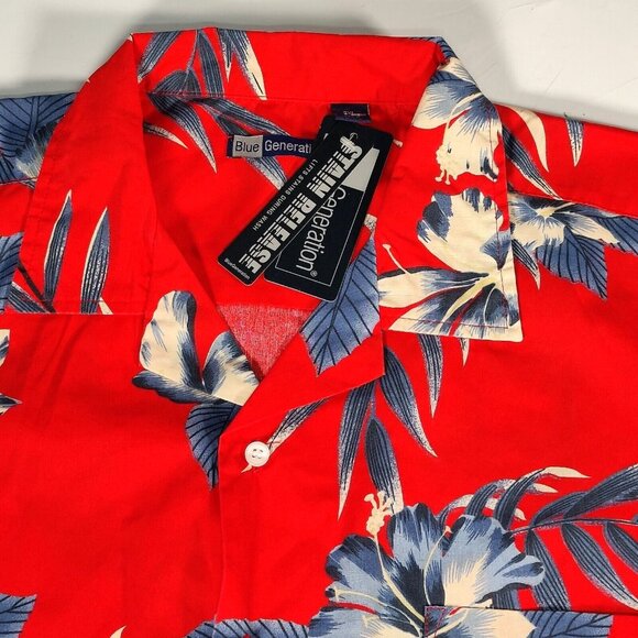 Blue Generation Red Hibiscus Print Hawaiian Pocket Camp Shirt Mens Size 2XL - Picture 5 of 7